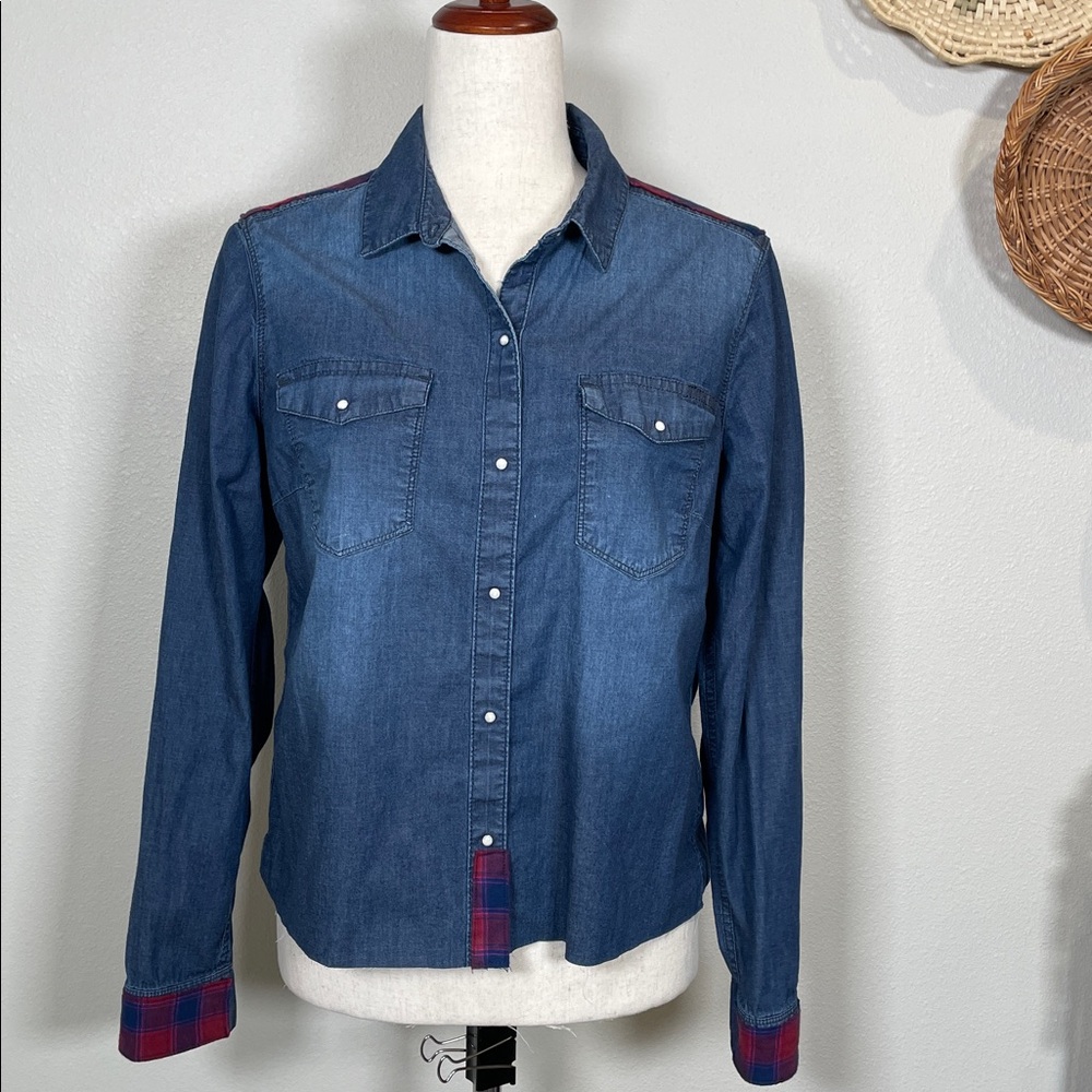 Upcycled Repurposed Blue Denim Red Checkered Button Up Shirt Western Size M